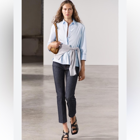 Zara Slim Fit Poplin Cotton Shirt Light Blue below-the-elbow sleeves ZW XS NWT - Picture 3 of 16